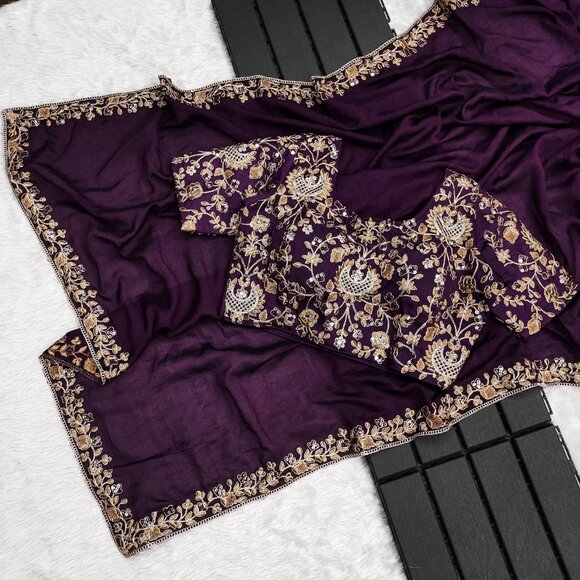Indian Saree  Vichitra Silk Embroidery - Picture 3 of 8